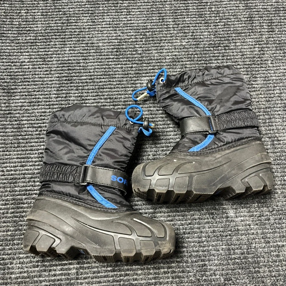 Sorel Flurry Snow Boots Kids Size 12 Black Blue Waterproof Insulated Winter warm